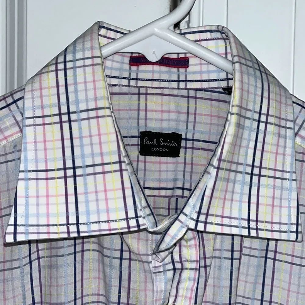 Paul Smith London LS White Pink Purple Check dress shirt 38 euro 15 x33/34 M